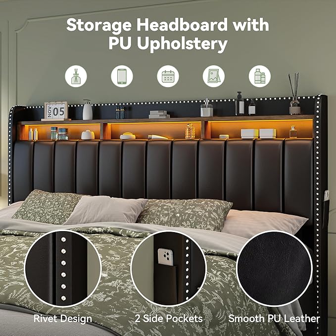 Torana King LED Bed Frame with 2 Drawers PU Leather Upholstered Storage Wingback Headboard Beds Channel Tufted Platform Bedframe with Rivet Decor No Box Spring Needed Black