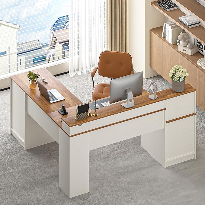 63 Farmhouse L Shaped Executive Desk with Drawers &amp Storage Shelf Corner Computer Desk with Power Outlets L Shaped Office Desk with Monitor Stand Printer Shelf Antique White