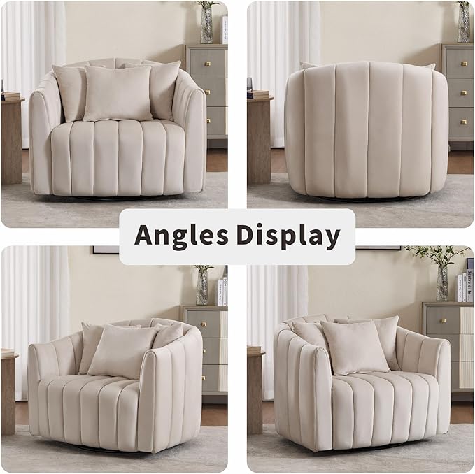 Mlmh &amp Kngwa 40.35 W Swivel Accent Chairs Oversized 360 Degree Swivel Barrel Chair with 3 Pillows Velvet Armchair for Living Room Bedroom Beige
