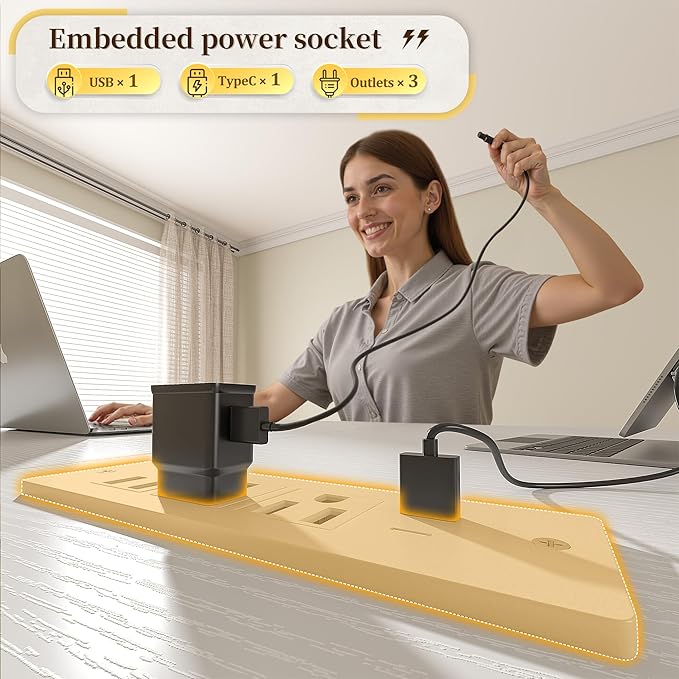 55 Gaming Desk with LED Strip Computer Desk with Drawers &amp Storage Bag Office Desks with Power Outlets &amp Monitor Stand Office Desk for Bedroom Gaming Room White