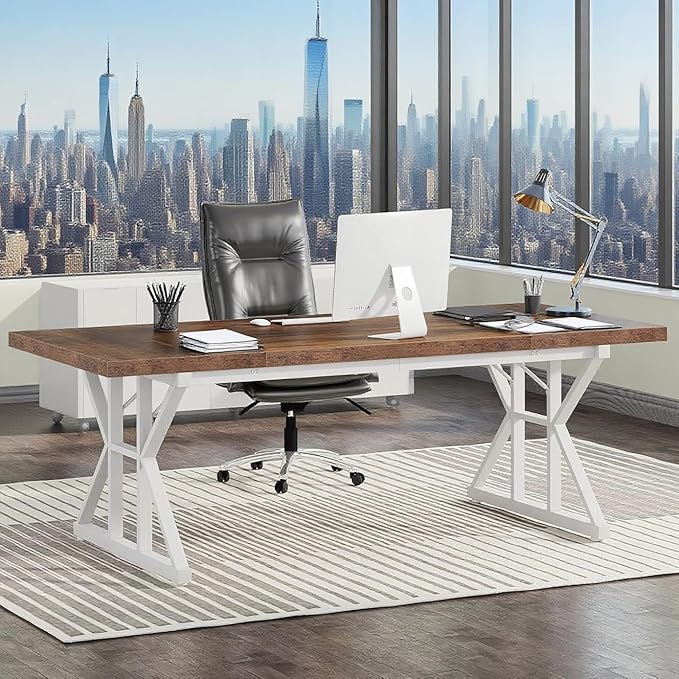 70.8 Modern Executive Computer Desk Wide Writing Desk for Home Office Minimalist Style Workstation Large Study Desk for Bedroom or Workspace White