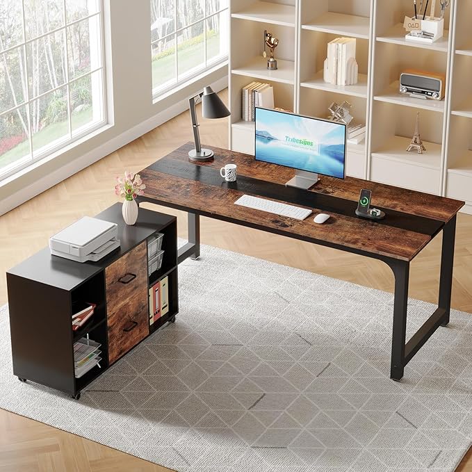 Tribesigns 70.8 L-Shaped Executive Office Desk with Drawer Cabinet Large L-Shaped Computer Desk with 39.4 File Cabinet Printer Stand Home Office Workstation Business Furniture Set Brown/Black