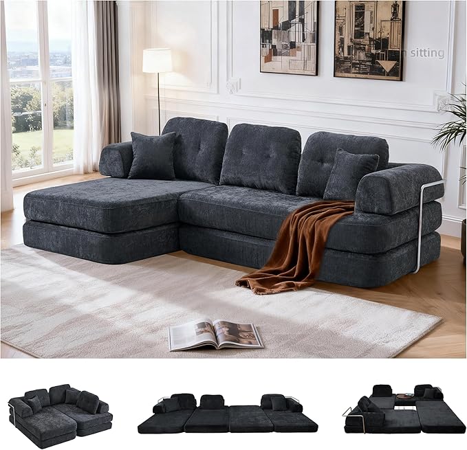104 Modular Sectional Sofa Boneless Couch for Living RoomL-Shape Modular Sofa Bed with Fixed-Shape FrameFolding Floor Convertible Sofa Couch Bed with Reversible Chaise