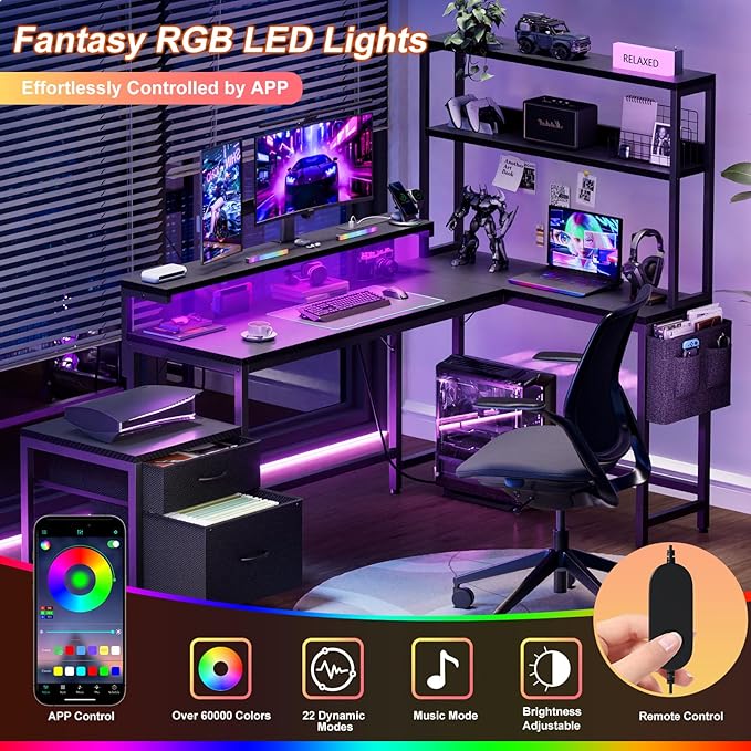 REAHOME 70 Inch L Shaped Desk with File Drawers and Reversible Storage Shelves Computer Desk with Power Outlet &amp LED Strip Home Office Desks Writing Study Desk for Bedroom Carbon Fiber Black