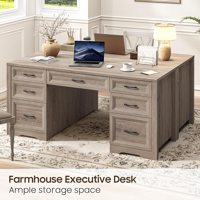 Farmhouse Executive Desk Wood Home Office Desk with 2 Large File Drawers and 5 Storage Cabinets Rustic Writing Desk for Work and Study Grey