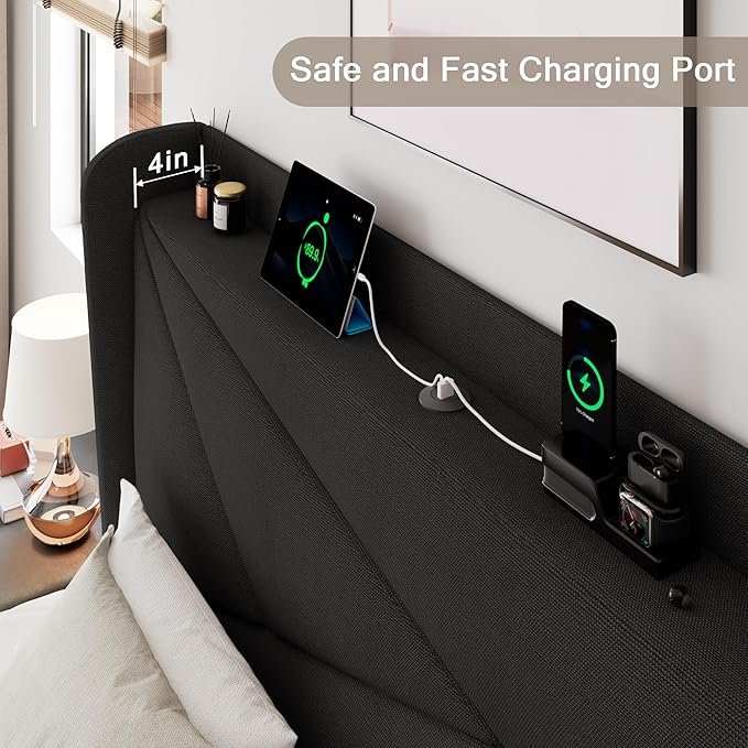 Full Size Upholstered Bed Frame with Charging Station Platform Bed Frame with Storage Headboard Solid Wood Slats Support No Box Spring NeededBlack