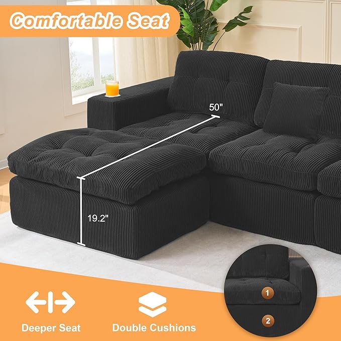 105 L Shaped Modular Sectional Sofa with OttomanCloud Boneless Couches for Living RoomCorduroy Comfy Couch with Chaise and Cup Holder Upholstered Sofa in A Box No AssemblyBlack