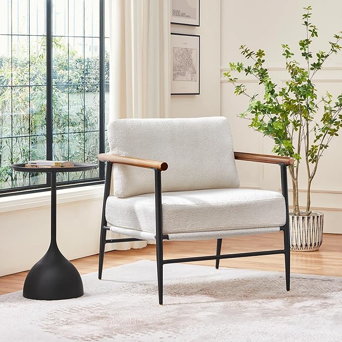 Topeakmart Mid-Century Boucle Accent Chair Reading Chair with Stylish Boucle Fabric Lounge Chair with Ultra-Long Armrest and Extra-Wide Seat for Living Room Lounge Office Ivory