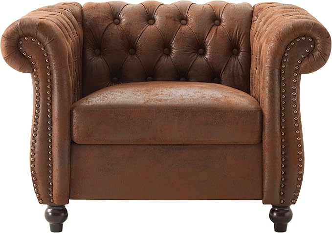 Mid-Century Modern Club Chair with Scrolled Arms Tufted Upholstered Rolled Armchair with Nailhead Trim and Solid Wood Legs for Home Bedroom Reading Room (Dark Brown87)