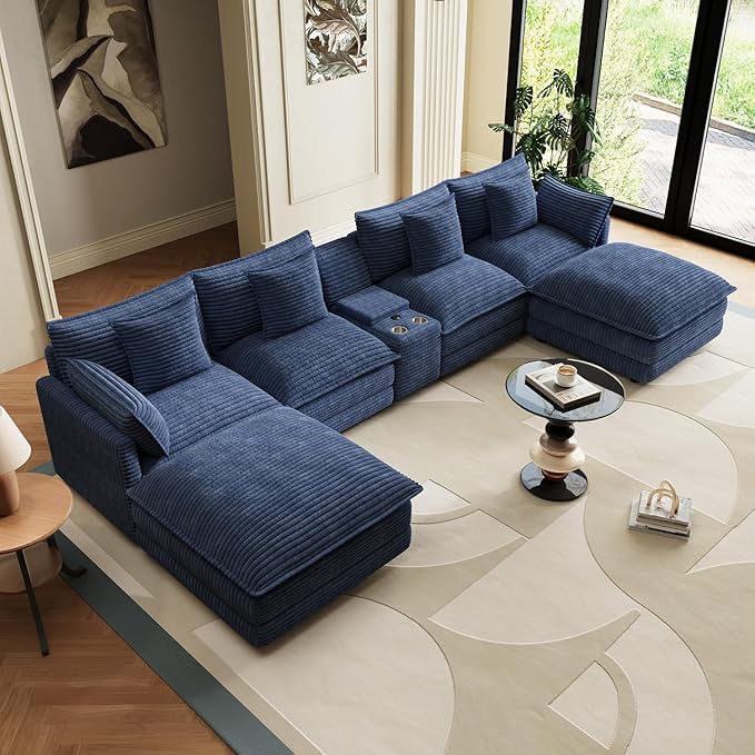 143 U Shaped Cloud Couch Modular Sectional Sofa Set for Living Room Oversized Sofa Modern Sectional Couches Large Corduroy Deep Seat with Central Console USB Ports Ottoman Blue