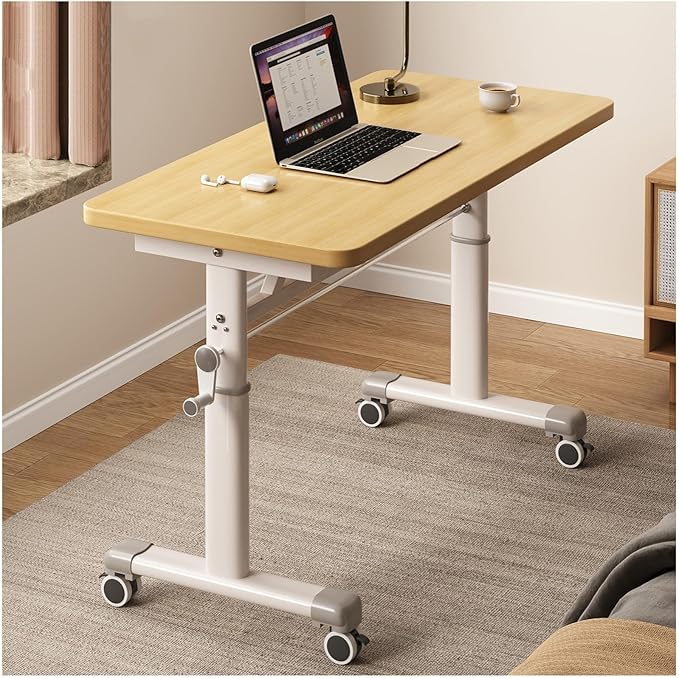 Manual Adjustable Desk Standing Desk Study Table Gaming Desks Movable Writing Table Computer Desks for Home Office Workstation Multifunctional Bedside Table(Light Brown120cm/47.24in)