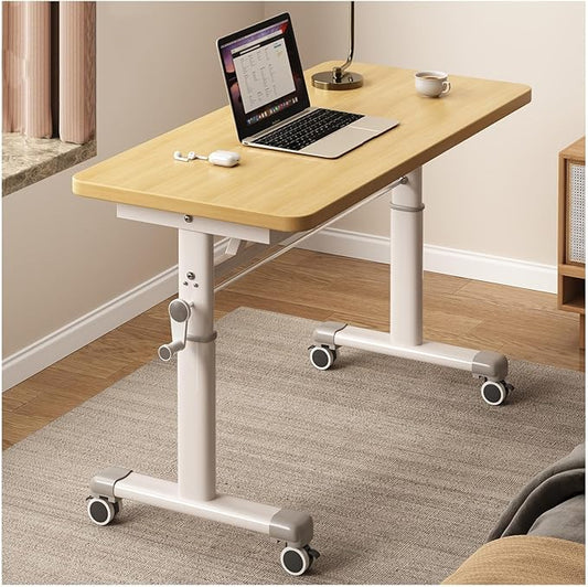 Manual Adjustable Desk Standing Desk Study Table Gaming Desks Movable Writing Table Computer Desks for Home Office Workstation Multifunctional Bedside Table(Light Brown120cm/47.24in)