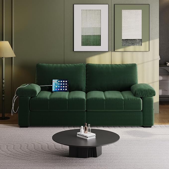Yaheetech 79 Velvet Modern Sofa Couch with Storage Pockets and USB Ports 2 Seater Comfy Loveseat Sleeper with Removable Armrest Pillow &amp Cover for Living Room Apartment Bedroom Green