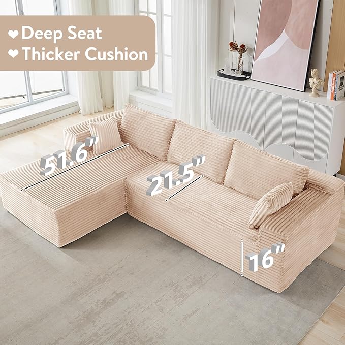 110 Modular Sectional Sofa Cloud Sectional Couch with L-Shape Chaise Modern Modular Couches with Deep Seat Corduroy Sponge Compressed Sofa for Living Room No Assembly Required (Beige)