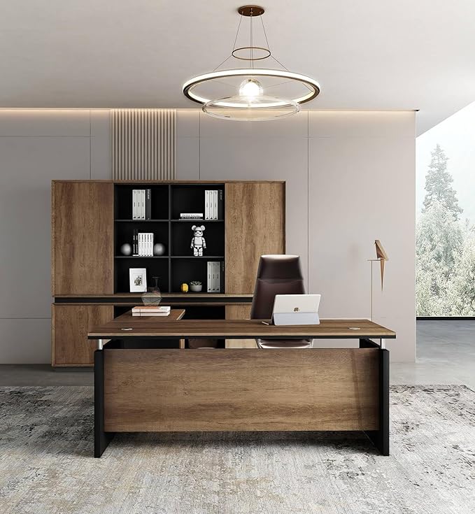 63 Inch L-Shaped Executive Desk Set of 2 Industrial Modern Wood Office Desk with 3 Drawers Built-in Cable Management &amp Power Outlet Real Wood Finish Reversible Left/Right Return Home Workstati