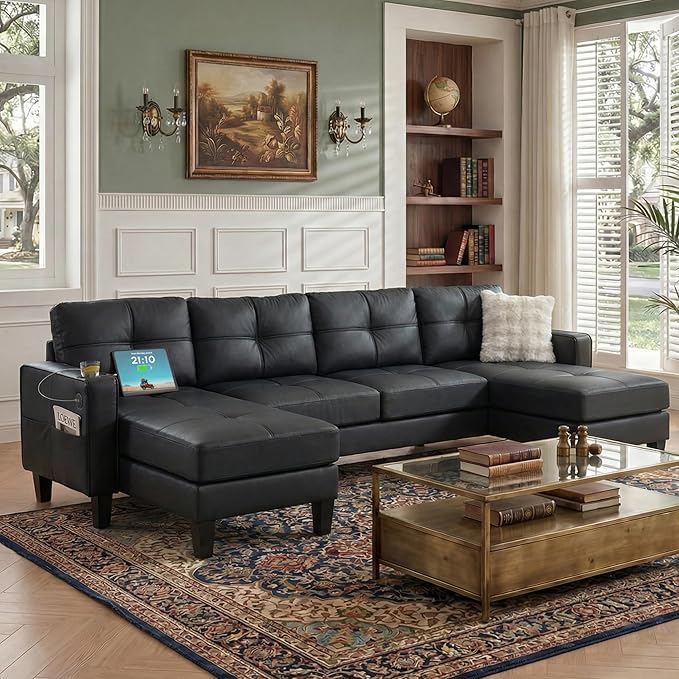 TYBOATLE 116’’ W Black Faux Leather Sectional w/USB and Cup Holders for Living Room Comfy Tufted U Shaped Sofa Couch w/Chaise Lounge Office Leather Sofa for Bedroom