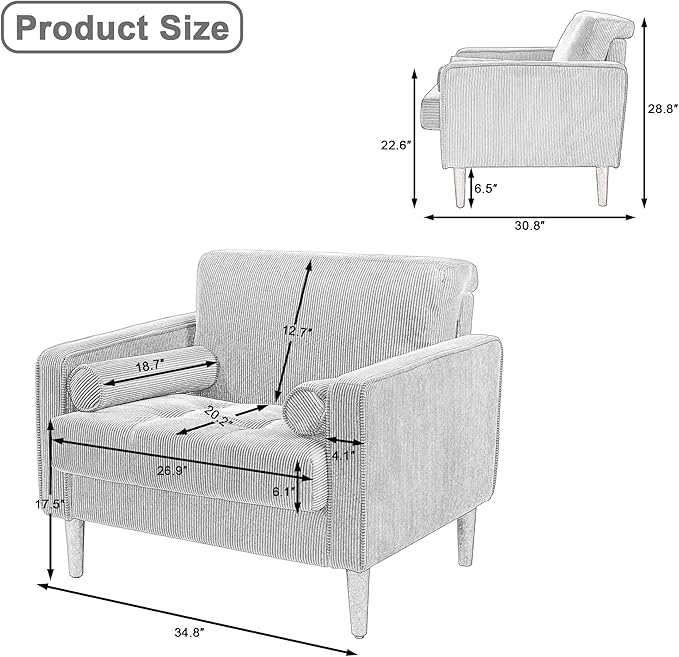 UIXE Accent Chair Corduroy Fabric Upholstered Armchair for Living Room Comfy Arm Chair Single Sofa Bedroom Reading Seat with Solid Wood Legs - Green