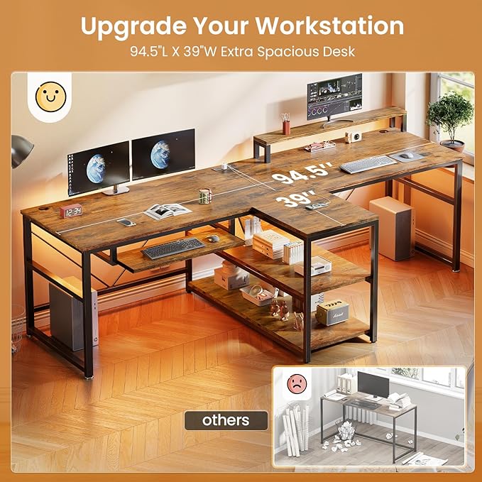 SEDETA 94.5 Home Office Desks Computer Gaming Desk with Storage LED Lights Power Strip with USB Keyboard Tray &amp Monitor Stand Extra Long Double Desk for 2 Person Rustic Brown