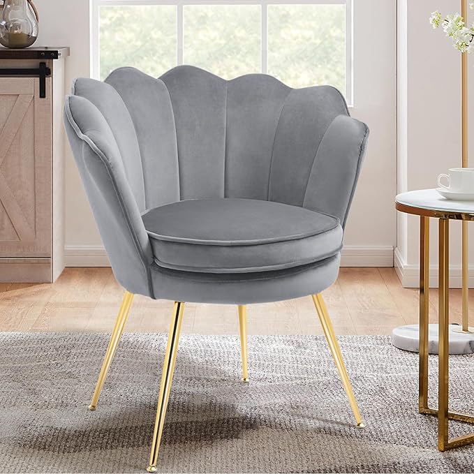 Accent Chairs Set of 2 for Living Room Velvet Upholstered Makeup Room Vanity Chair with Back Golden Metal Legs Small Accent Side Chair for Bedroom Cloud Chair Set 2 Pcs Light Grey