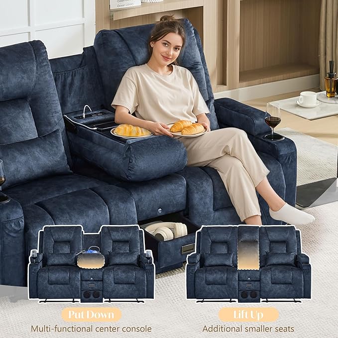 Houjud Manual Reclining Loveseat Sofa with Console Recliner Sofa RV Couch with Bluetooth Speakers USB Charging AC Outlets and Pillow for Home Theater Velvet Blue