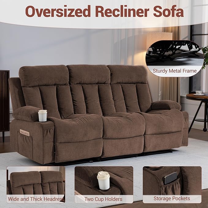 3 Seater Reclining Sofa Couch with Cup Holders Comfy Triple Manual Fabric Recliner Chair for Living Room Home Theater Office Brown