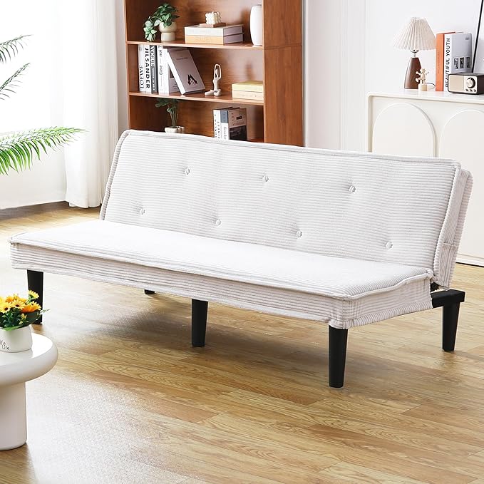 Modern Corduroy Convertible Folding Futon Couch Sofa Bedwith Adjustable Backrest Memory Foam Couch Double Loveseat Sofa for Compact Living SpaceDormGame StudioApartmentBedroom (White)