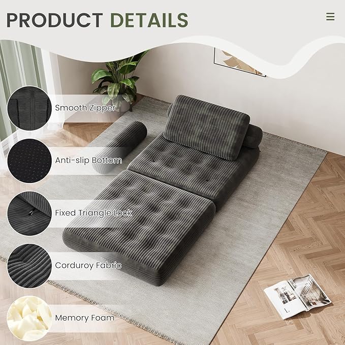 35 Folding Sofa Bed 5-in-1 Convertible Sleeper Chair Floor Mattress with Removable Armrest Boneless Couch in a Box Fold Out Futon Lounge Chair Bed for Dorm Bedroom Small Space - Grey Single