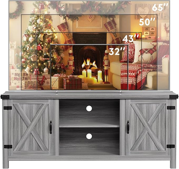 YESHOMY Modern Farmhouse TV Stand with Two Barn Doors and Storage Cabinets for Televisions up to 65+ Inch Entertainment Center Console Table Media Furniture for Living Room 58 Inch Gray Wash