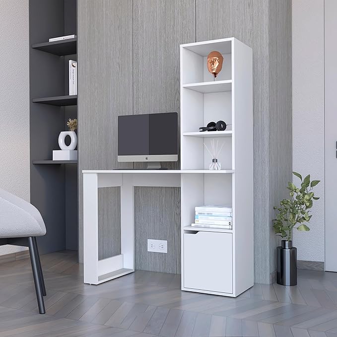 Home Office Desk Computer Desk with 4-Tier Bookcase and 1-Door Cabinet White