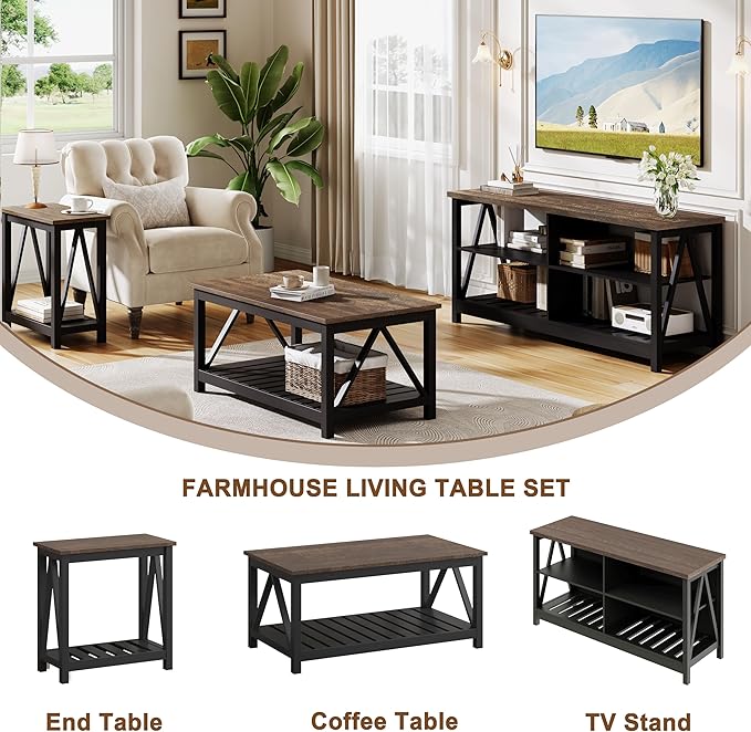 ChooChoo Farmhouse TV Stand for TVs up to 55 Inch Modern Entertainment Center with 4 Open Shelves &amp Built-in Cable Holes Media TV Console for Living Room Bedroom Black