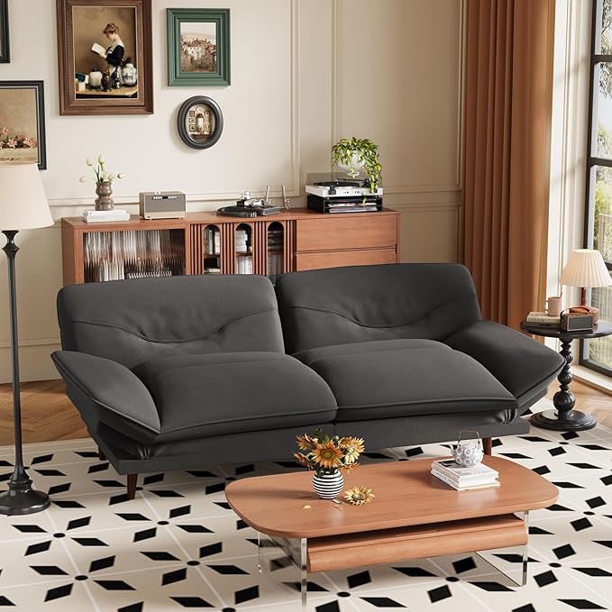 JUMMICO Convertible Futon Sofa Bed Sleeper Futon Couch with Adjustable Backrest and Armrests Modern Loveseat with Sturdy Wood Frame for Small Spaces Apartments (Fabric Dark Gray)