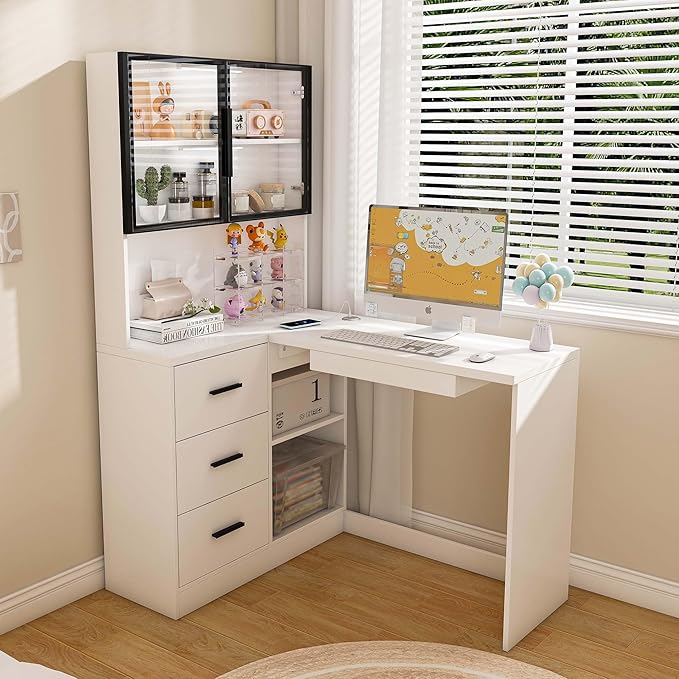 White L Shaped Desk with Keyboard Tray &amp Power Outlet Home Office Desk with Storage/LED Lights Corner Computer Desks with Drawers/Glass Cabinets for Study Room Corporate Workspaces (White)