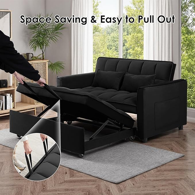 Dreamzie 3 in 1 Convertible Sleeper Sofa Bed Pull Out Couch Bed with Side Pocket Sleeper Sofa with Adjustable Backrest | Side Pocket (Black)