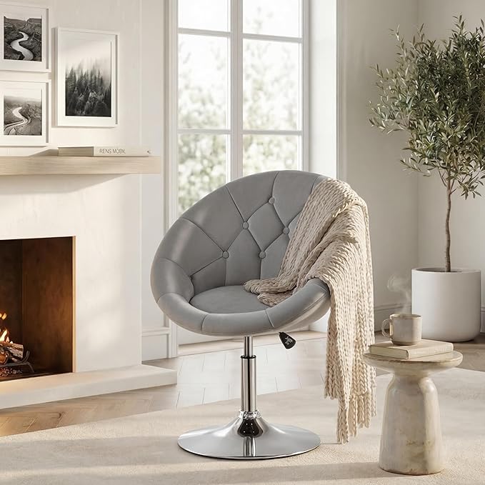 Yaheetech Adjustable Vanity Chair with Round Tufted Back Swivel Velvet Salon Chair for Bedroom Living Room Office Gray