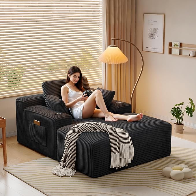 MoonSpeak 67 Boneless Reading Chair with Lounges Chaise Indoor Corduroy Cloud Couch with 1 Ottoman Upholstered Sleeper Sofa Bed with Wide Armrest and 3 Pillows for Living RoomReading Room(Black)