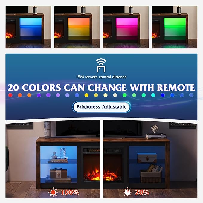 WLIVE Fireplace TV Stand for 65 Inch TV 58 Entertainment Center with Fireplace Modern TV Stands for Living Room Entertainment Center with Glass Shelves Rustic Brown