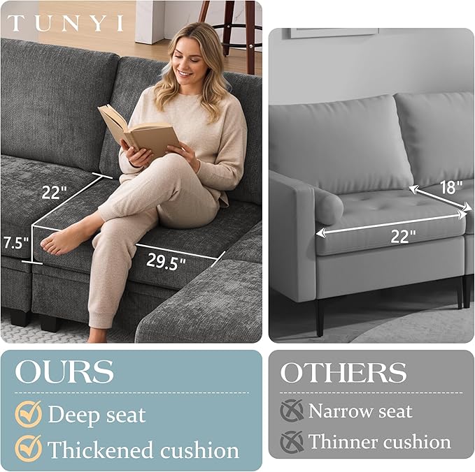 TUNYI 130 Sectional Couch with Storage Oversized Chenille Modular Sectional Sofa for Living Room Convertible Deep Seat Sofa Couches with Ottoman Armrest Pillow (Grey)