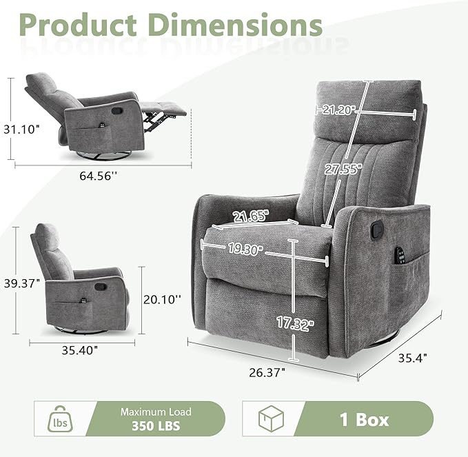 cinkehome Heated Massage Swivel Rocker Recliner Chair for Nursery - Small Space Reclining Chair with Lumbar Support 360° Swivel &amp Gentle Rocking Ergonomic High Back Chenille Fabric Gray
