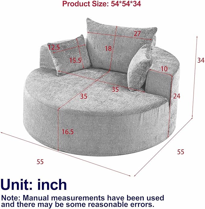 Oversized Round Chaise Lounge Chair Indoor 55W Circle Comfy Armchair with Deep Seat Floor Cloud Boneless Chair Upholstered Modern Cozy Sofa Chairs for Living Room Bedroom(Grid Chenille Beige)