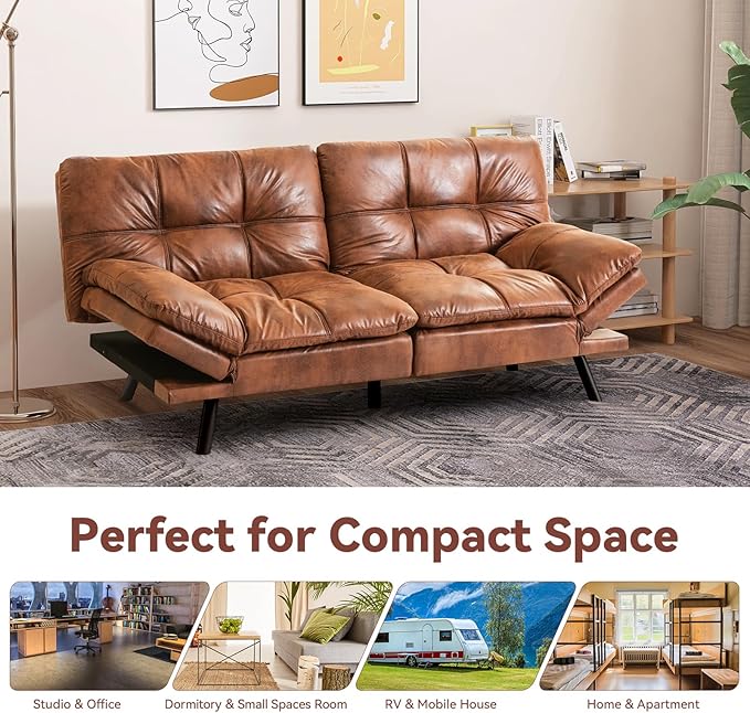 Convertible Futon Sofa BedFaux Leather Futon CouchMemory Foam Futons BedSmall Splitback Modern Loveseat Sleeper Sofa for Living RoomOfficeApartmentBrown