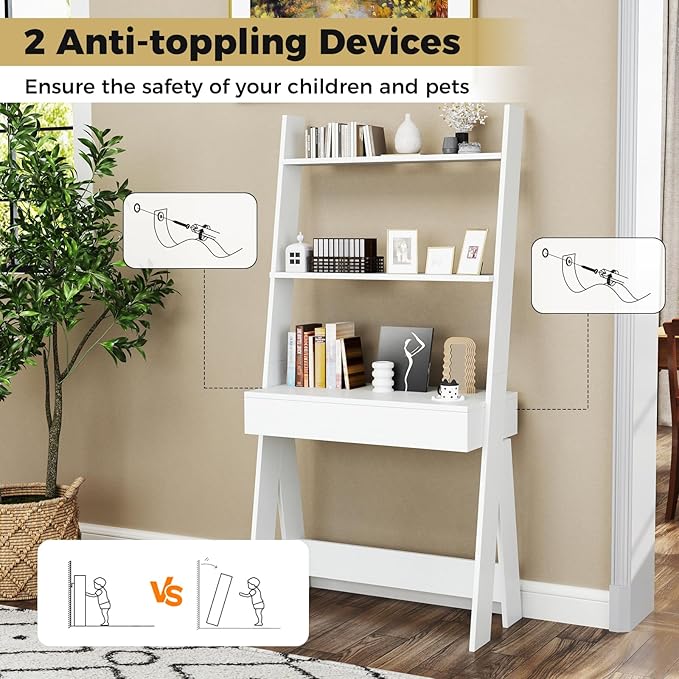 Tangkula Ladder Desk with Countertop &amp Drawer Home Office Computer Laptop Table with Open Shelves &amp Anti-Tip Kits Wall-Leaning Compact Working Station for Small Spaces (White)
