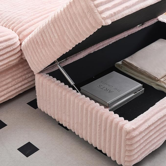 82 Inches Corduroy Square Arms Loveseat Sofa with One Storage Ottoman Comfy Deep Seat Modular Sectional Futon Couch with 4 Throw Pillows for Living Room Bedroom Office (Pink)