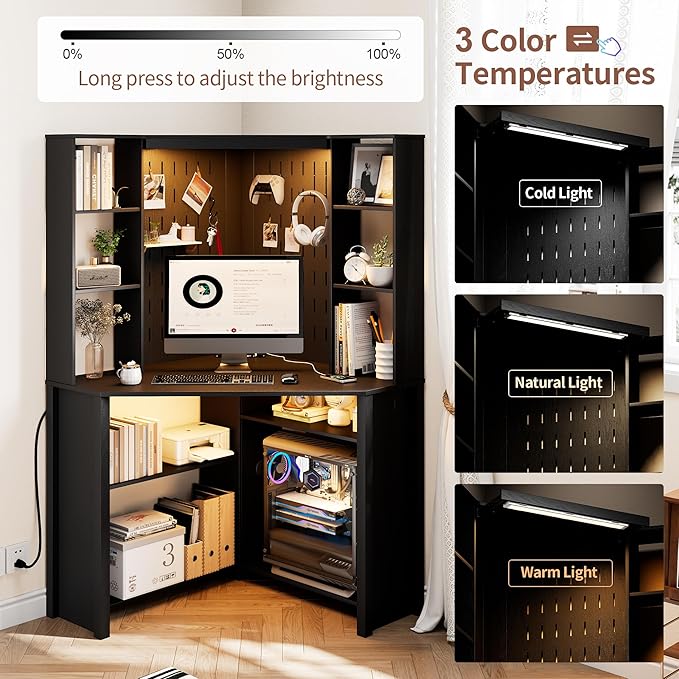 HNEBC Home Office Desk with Pull-Out LEDL-Shaped Corner Desk with LightsPower Outlet &amp Chariging StationComputer Desk with Hutch &amp 10 ShelvesPegboards for Work &amp StudyBlack
