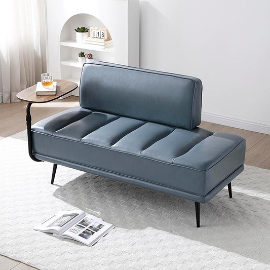 Modern Upholstered End of Bed Bench with 360-Degree Swivel Tray 2 Seater Sofa Couch with Side Table Settee Bench with Metal Legs Backrest for Living RoomEntrywayFoyer (PU-With Tray Grayish Blue)