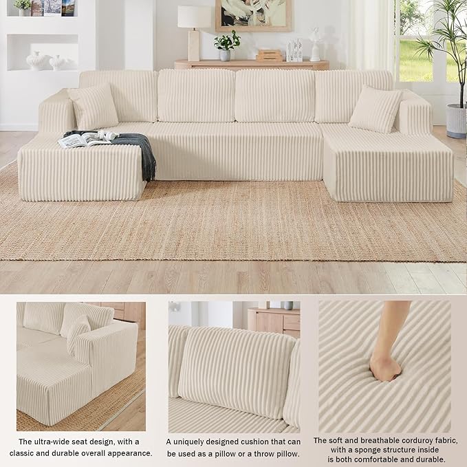 Comfortable Compression U-Shaped Modular Combination Sofa Compression Combination Modern Minimalist Corduroy Sofa Suitable for Living Room and Bedroom (Beige)