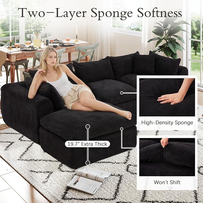 AVAWING 113 Modular Sectional Sofa Modern L Shaped Cloud Couch with Deep Seat &amp Ottoman Comfy Soft Boneless Sofa with Chaise for Living Room &amp Bedroom No Assembly Needed (Black)