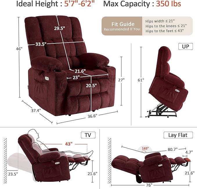 MCombo Dual Motor Large Power Lift Recliner Chair for Elderly Lay Flat Lift Chair with Heat and Massage Big Lift Recliner for Tall People Cup Holders Fabric 7896 (Large Burgundy)