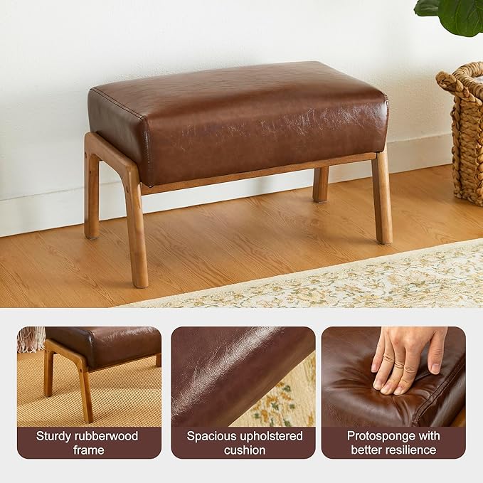 Glitzhome Rectangle Ottoman Bench Modern Coffee Leatherette Footstool with Walnut Rubberwood Legs for Living Room Bedroom