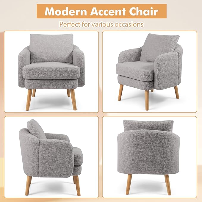 Giantex Sherpa Accent Chair Modern Upholstered Single Sofa Chair with Back Pillow &amp Solid Rubber Wood Legs Teddy Barrel Arm Chair for Reading Living Room Bedroom Office Grey