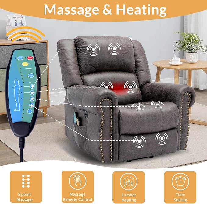 Electric Power Lift Recliner Chairs with Massage and Heat for Elderly Overstuffed Wide Ergonomic Lounge Chair Classic Single Sofa for Living Room with 2 Remote Control/USB Ports(Grey)